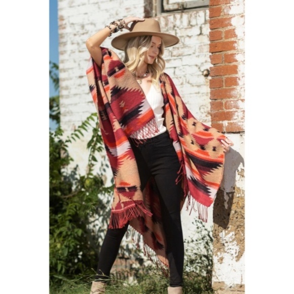 Red Rock Western Ethnic Oversized Knit Ruana Fringe Wrap Open Poncho Fall Casual - Picture 4 of 7